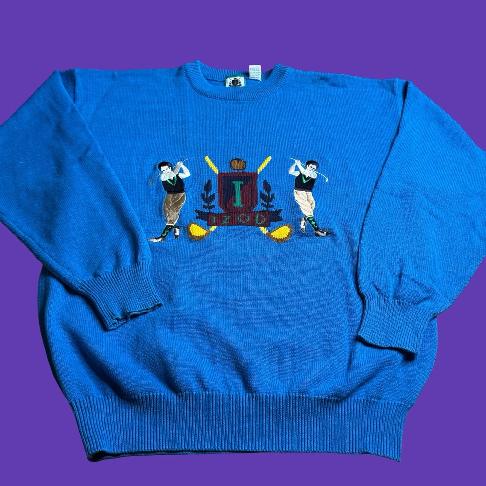Vintage Izod Golf Knit Sweater M Blue Embroidered Golfer Preppy Pullover